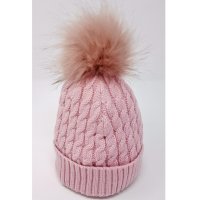 KIDS6216DUSKY: Baby Cable Knit Fur Pom Hat- Dusky Pink (0-6 Months)